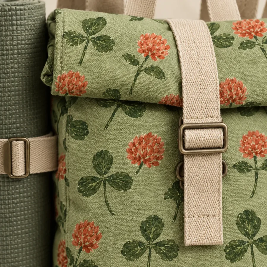 Clover Roll-Top Mat Pack, close-up of the print and stitching