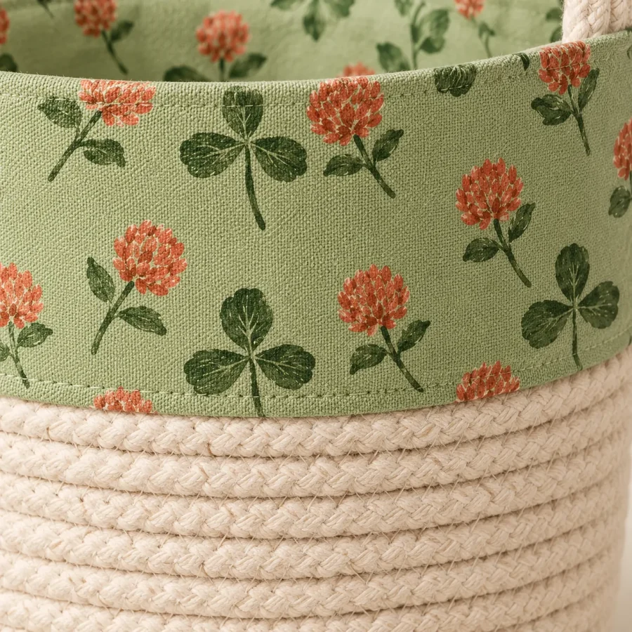 Clover Round Basket, close-up of the print and stitching