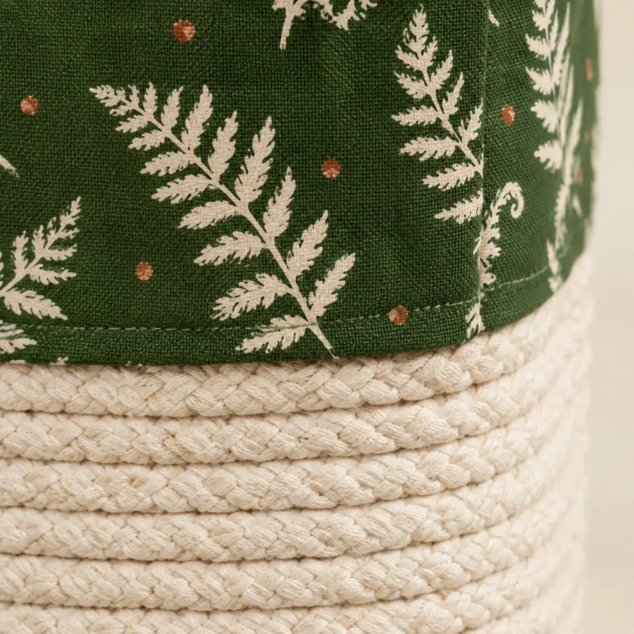 Fern Cube Basket, close-up of the print and stitching