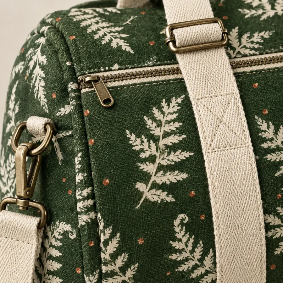 Fern Mat Duffel, close-up of the print and stitching