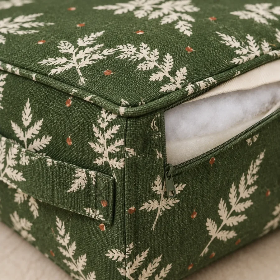 Fern Step Block, close-up of the print and stitching