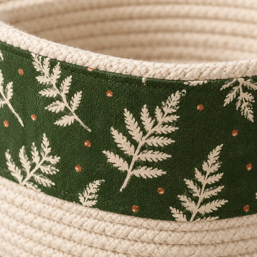 Fern Tile Basket, close-up of the print and stitching