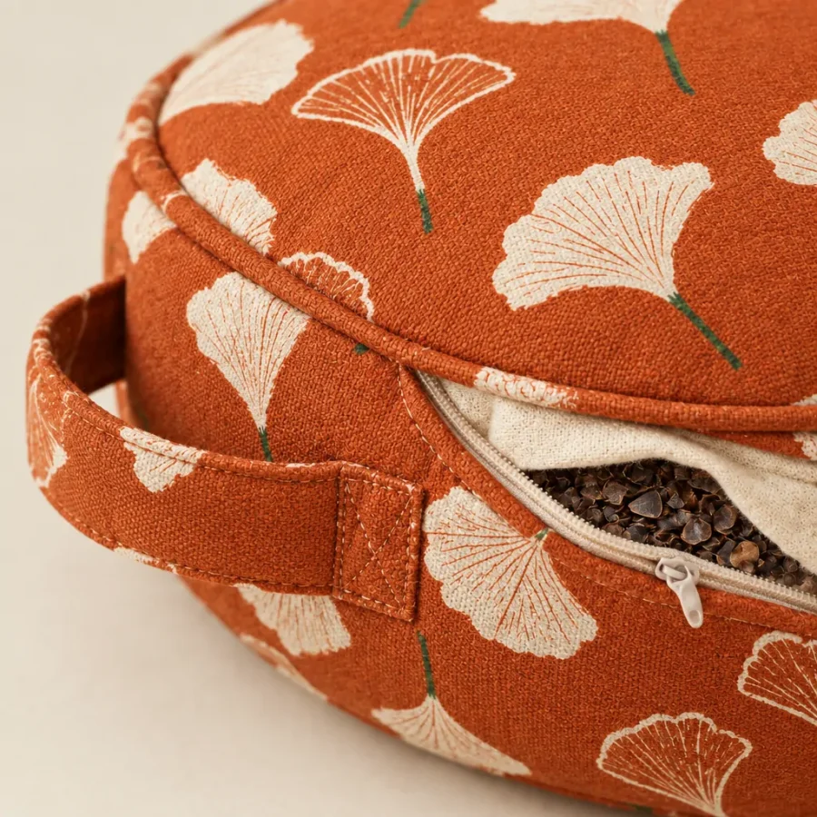 Ginkgo Crescent Block, close-up of the print and stitching
