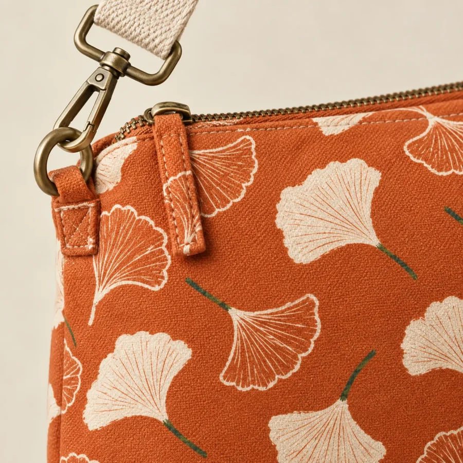 Ginkgo Crossbody Mat Sling, close-up of the print and stitching