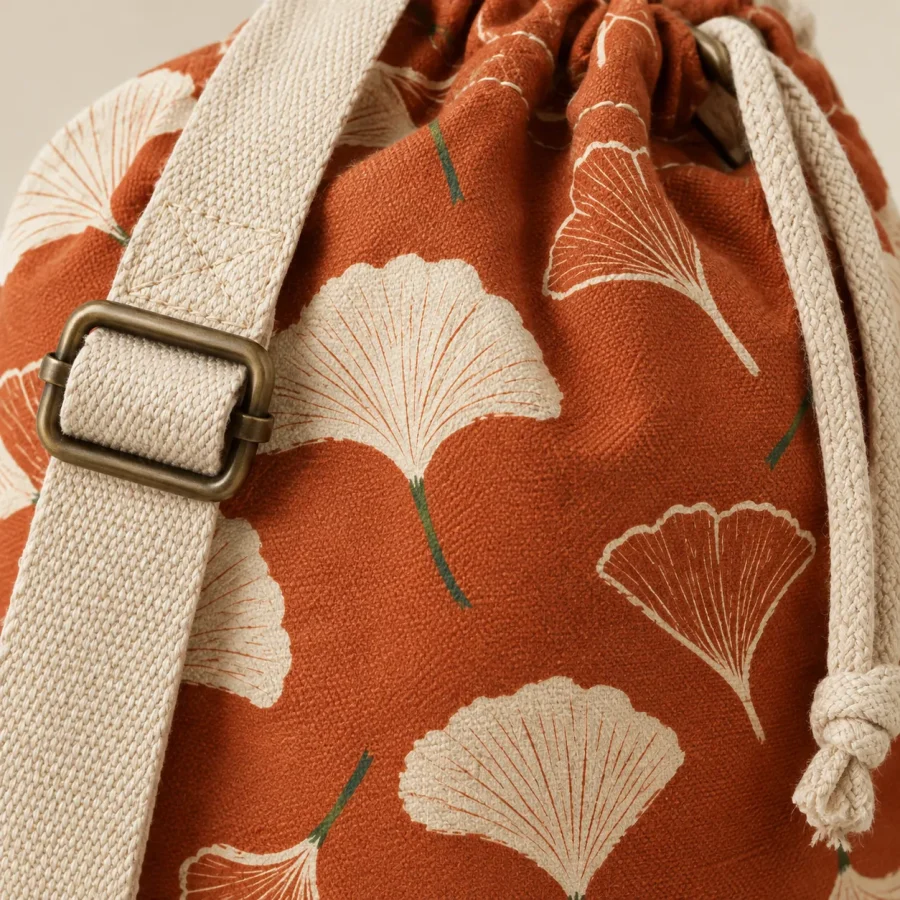 Ginkgo Drawstring Mat Tube, close-up of the print and stitching