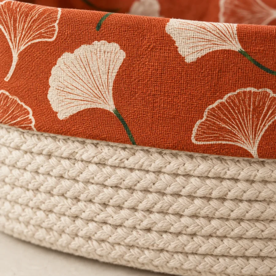 Ginkgo Low Tray Basket, close-up of the print and stitching