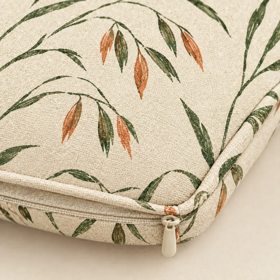 Hex Cover · Oat, close-up of the print and stitching