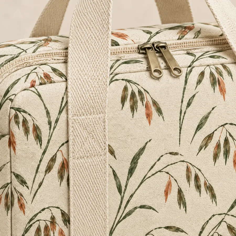Oat Block Pouch, close-up of the print and stitching