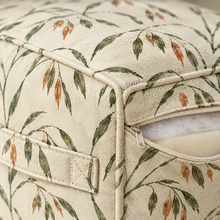 Oat Cube Block, close-up of the print and stitching