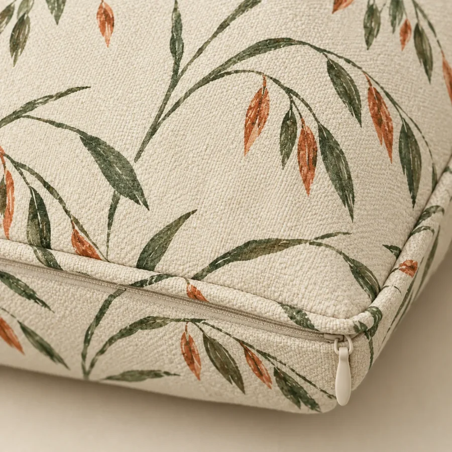 Slab Cover · Oat, close-up of the print and stitching
