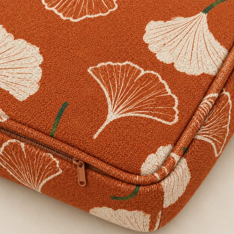 Wedge Cover · Ginkgo, close-up of the print and stitching